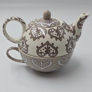 Saks Fifth Ave Heart for One Ceramic Tea Pot - Vintage, Brown/White